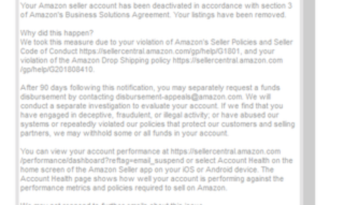 I was doing dropshipping and sold for almost a month(Mar 23rd – Apr 25). I didn’t receive any policy violation email before, my account stats were also good then this Section 3 email came. I was doing Amz to Amz dropshipping. Is there anyone who can help me with this? 1st appeal was denied.